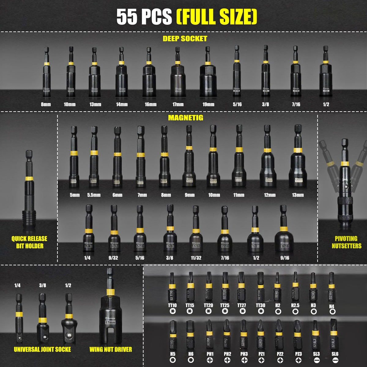 Facoow deep-impact metric socket set demonstrates size range from 8mm to 19mm.