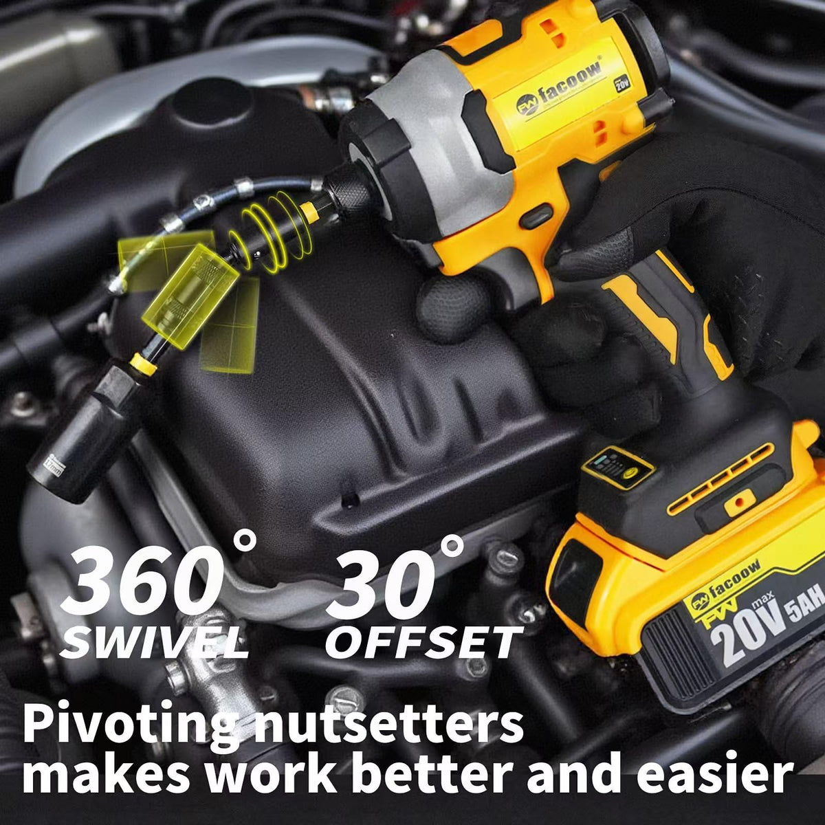 Facoow pivoting-nutsetter helps angle-driven nut installation.