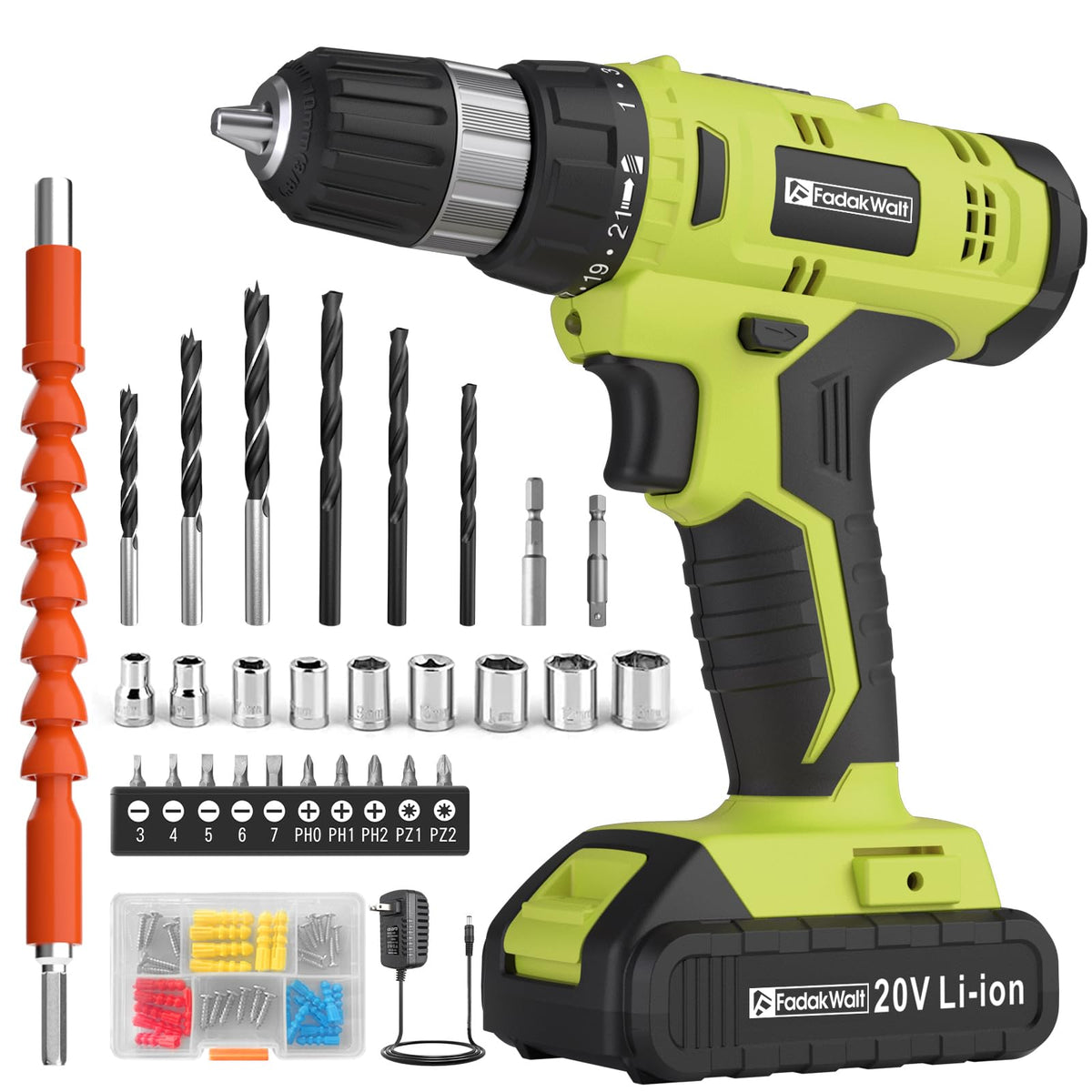 FADAKWALT cordless drill with 20V battery and charger for quick DIY setup