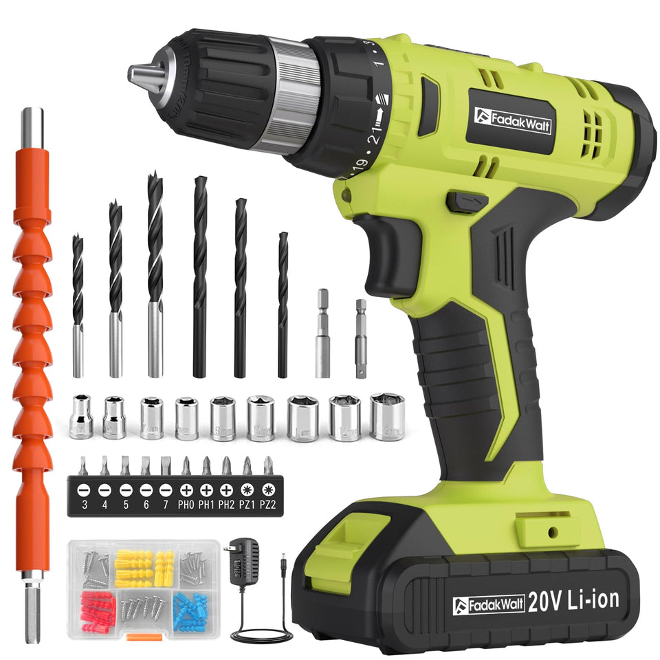 FADAKWALT cordless drill with 20V battery and charger for quick DIY setup
