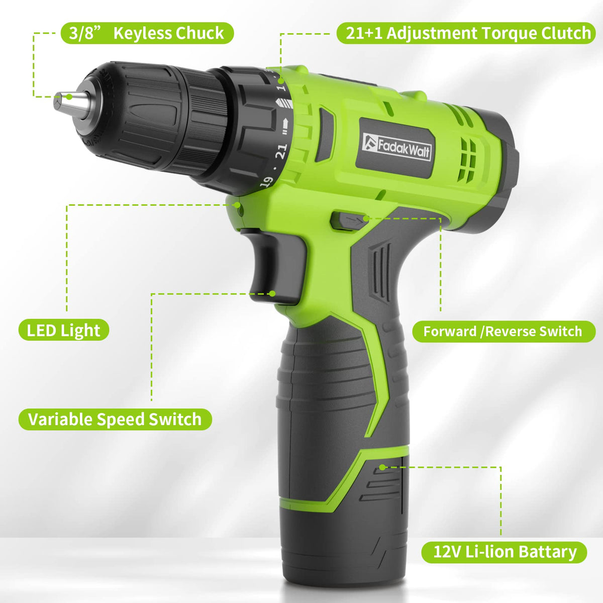 FADAKWALT cordless drill ergonomic handle supports comfortable one-handed use.