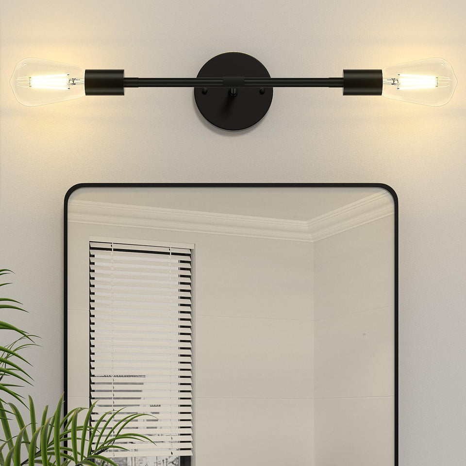 FadimiKoo 2-light black bathroom light over mirror highlights makeup area.