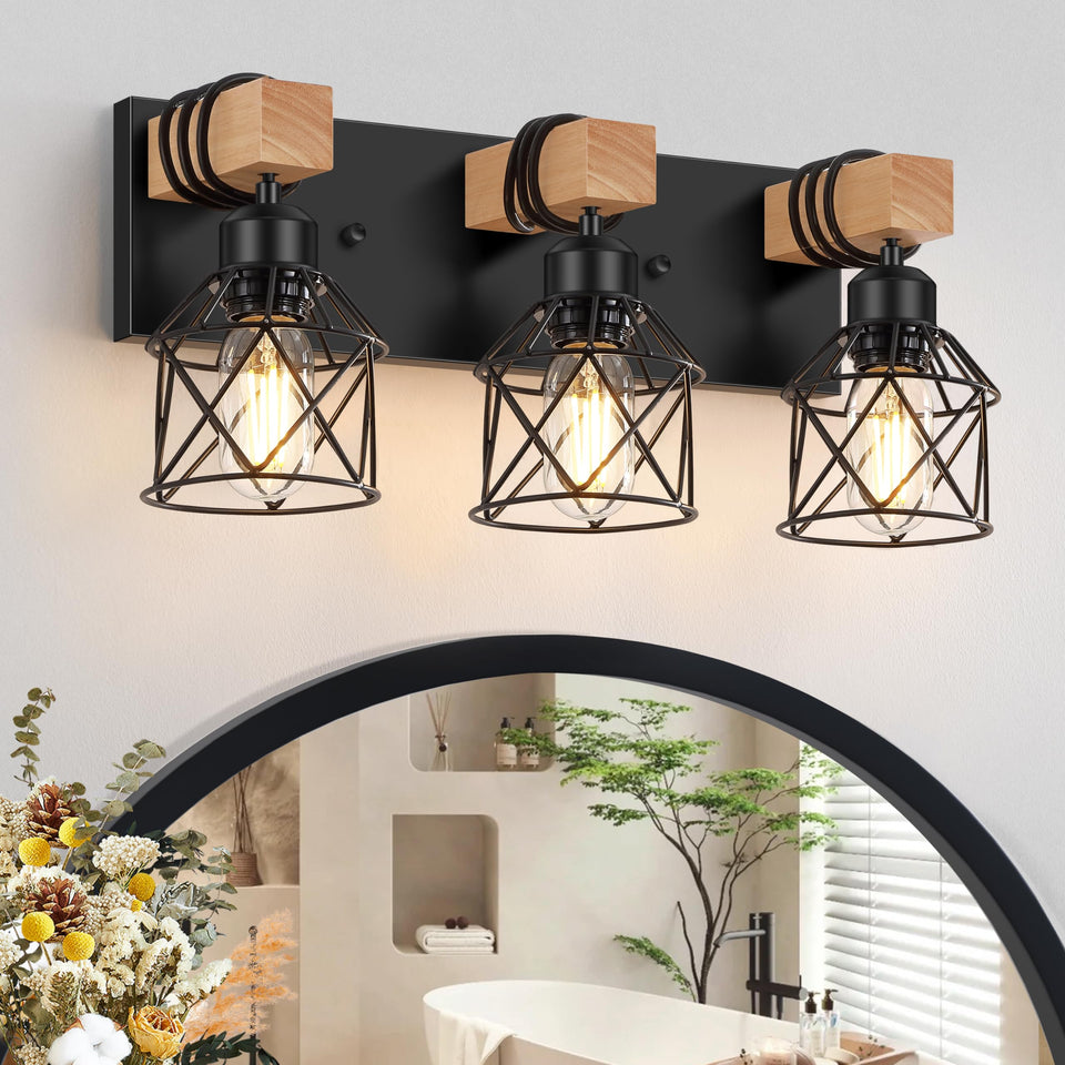 FadimiKoo 3-Light Farmhouse Vanity Light above mirror showing warm wood and black cage