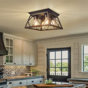 FadimiKoo 4-light close-to-ceiling fixture in wood frame provides warm, inviting ambience.