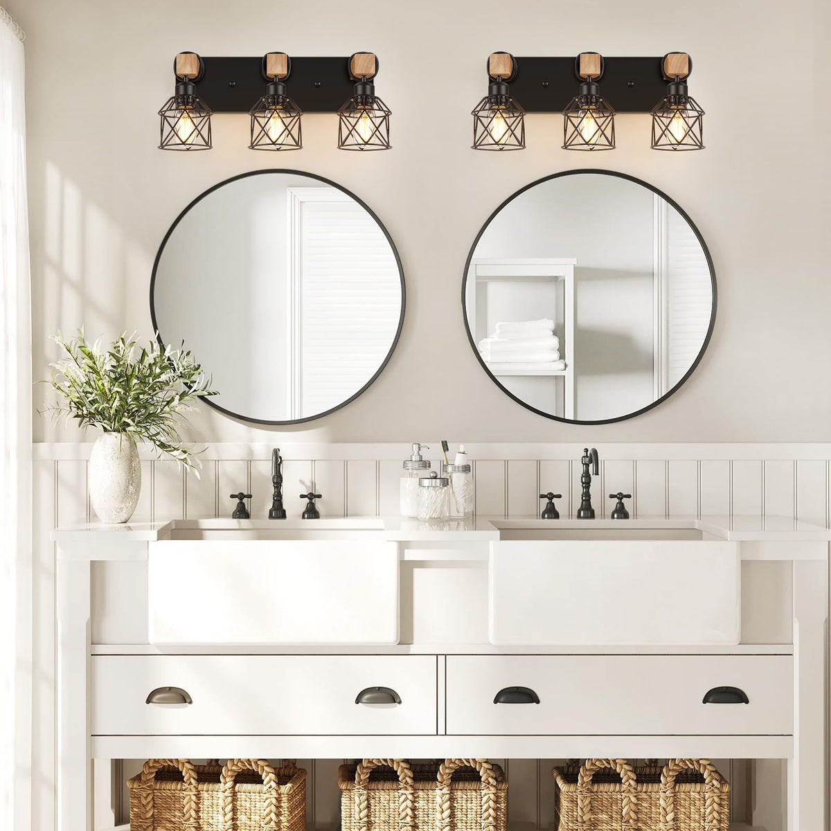 Bathroom wall light illuminating a mirror and vanity area