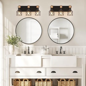 Bathroom wall light illuminating a mirror and vanity area