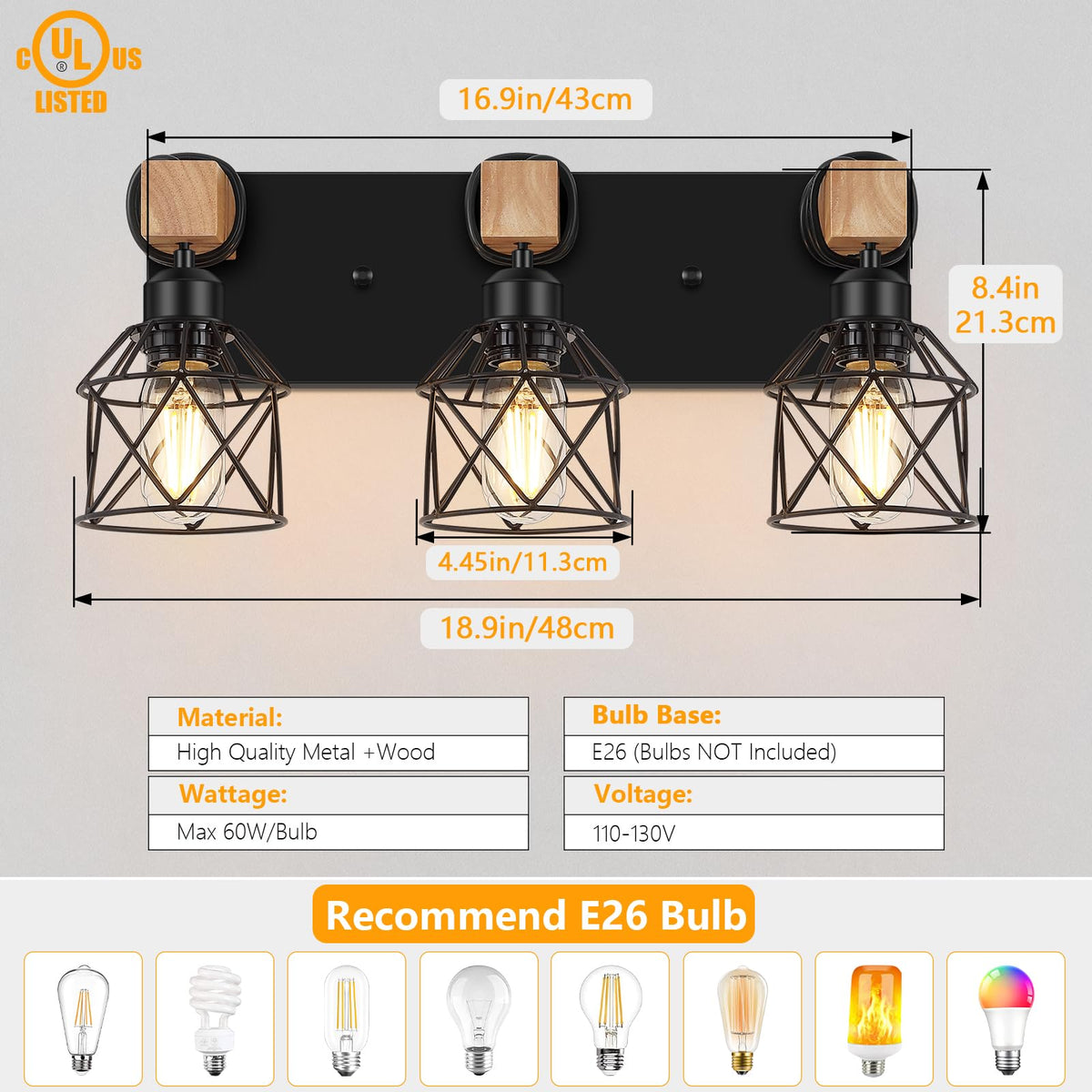 Wooden vanity light with cage detail highlighting rustic charm