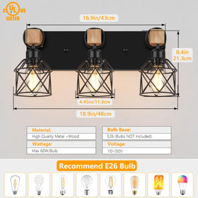 Wooden vanity light with cage detail highlighting rustic charm