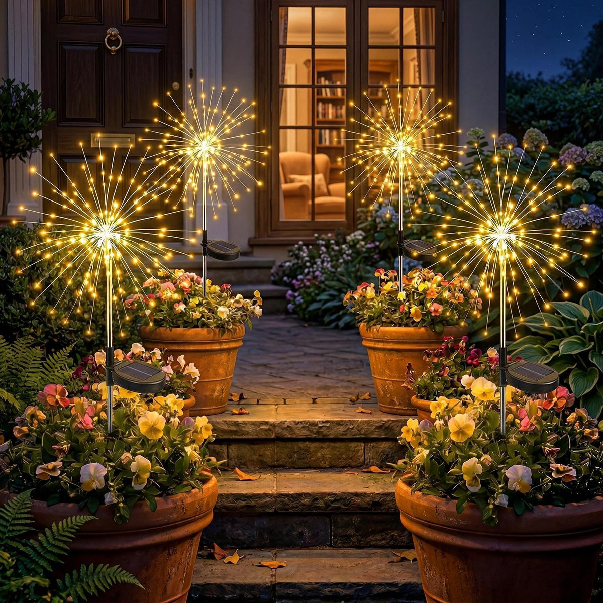 Fairdeer Solar Firework Lights illuminate your backyard with bright starbursts along garden paths.