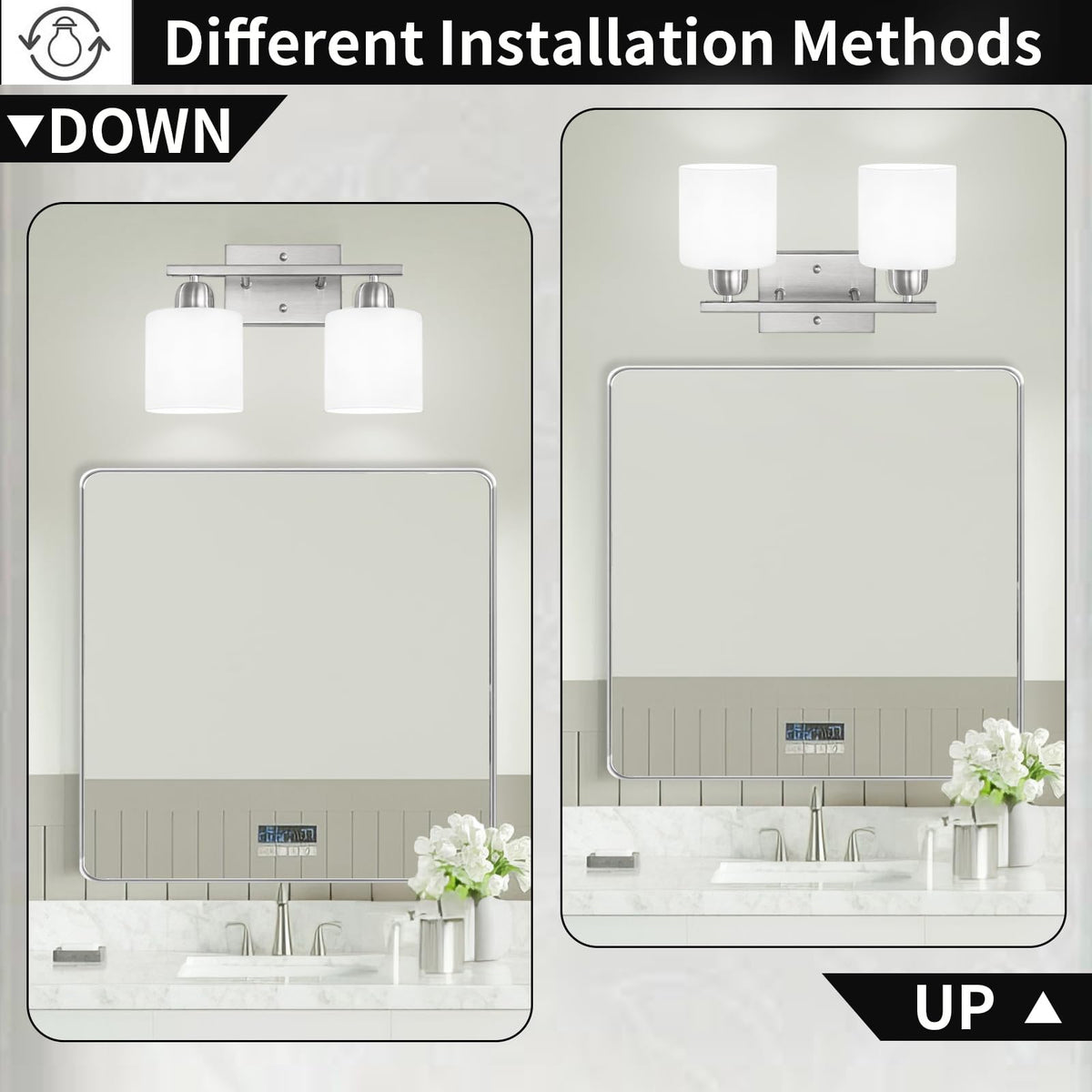 FAISHILAN sconce mounted upward or downward to fit your bath layout.