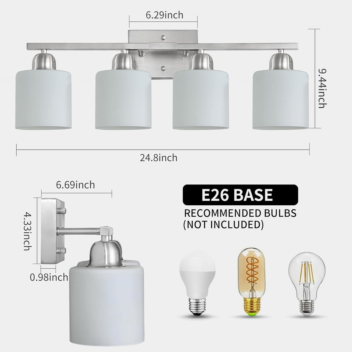 FAISHILAN brushed nickel bathroom light showing E26 socket compatibility and versatile bulb options.