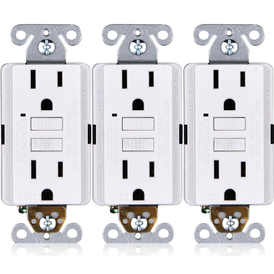 Faith GFCI outlet front view shows slim white design for modern installations