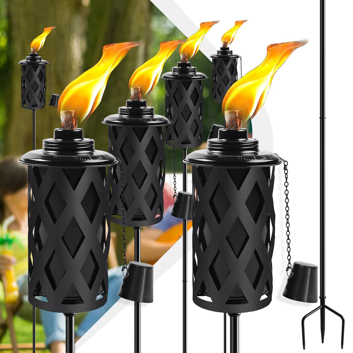 FALBAWR citronella torch set6 with 3-prong stake lights the garden.