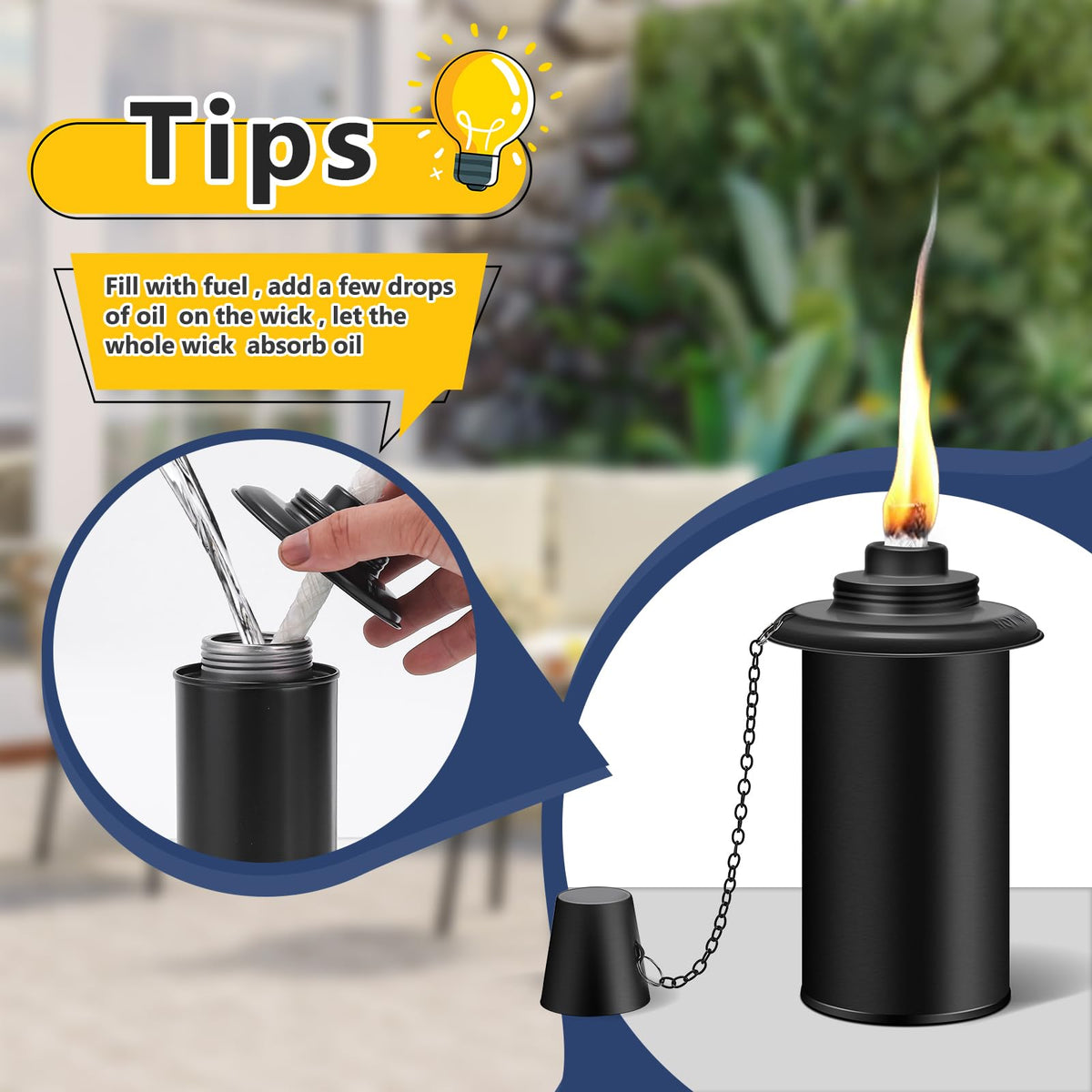FALBAWR outdoor torch setup illuminating a cozy backyard gathering