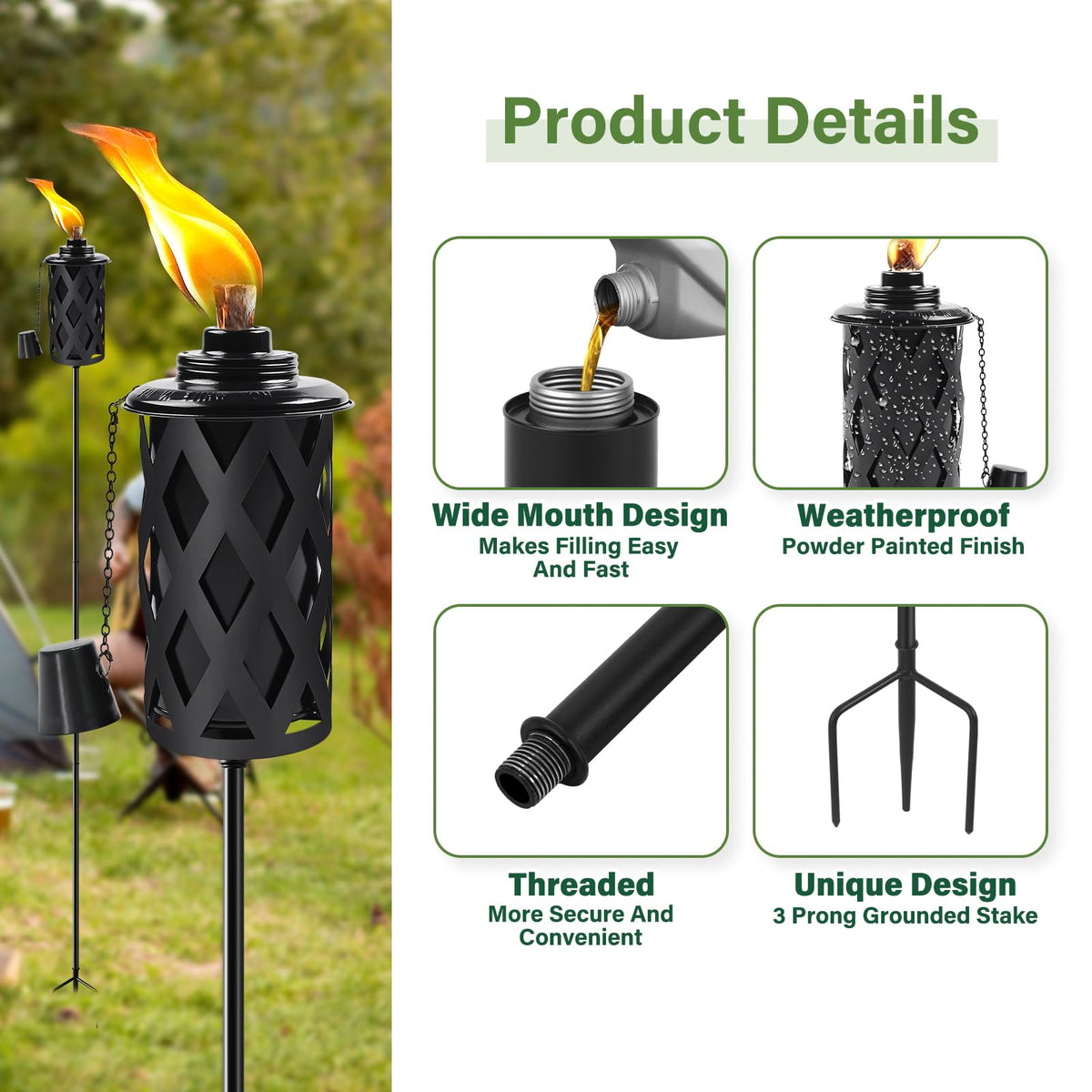 FALBAWR citronella torch decor enhances garden parties and terrace ambiance.