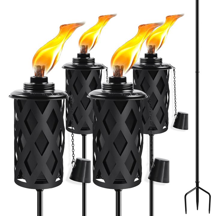 FALBAWR citronella torch set of four on stable 3-prong stakes for outdoor lighting.