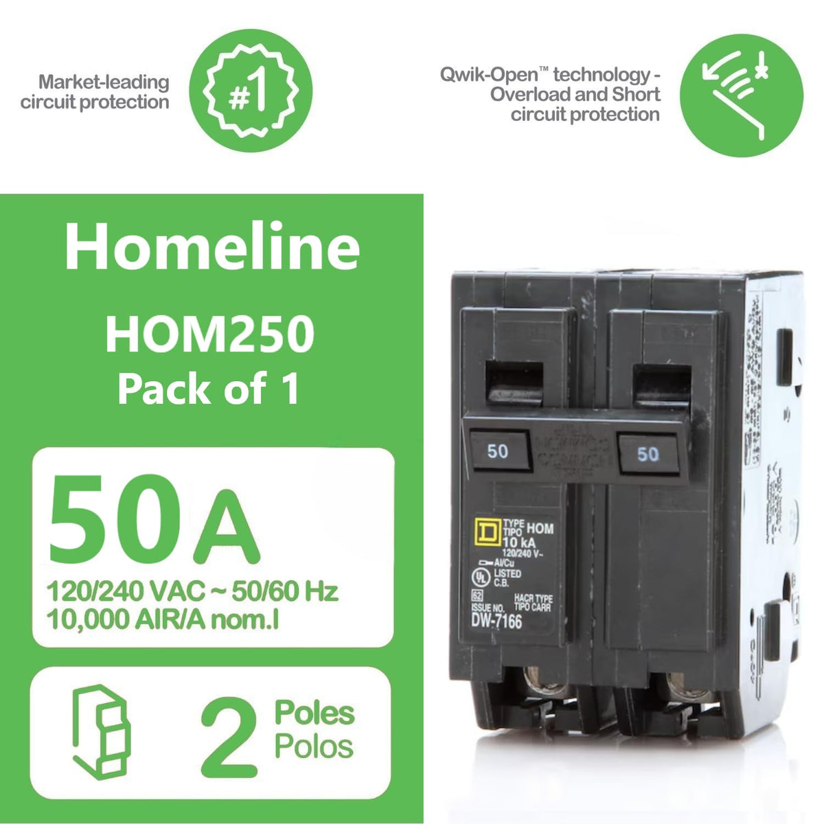 50A double-pole HOM250 for 120/240V circuits in install kit.