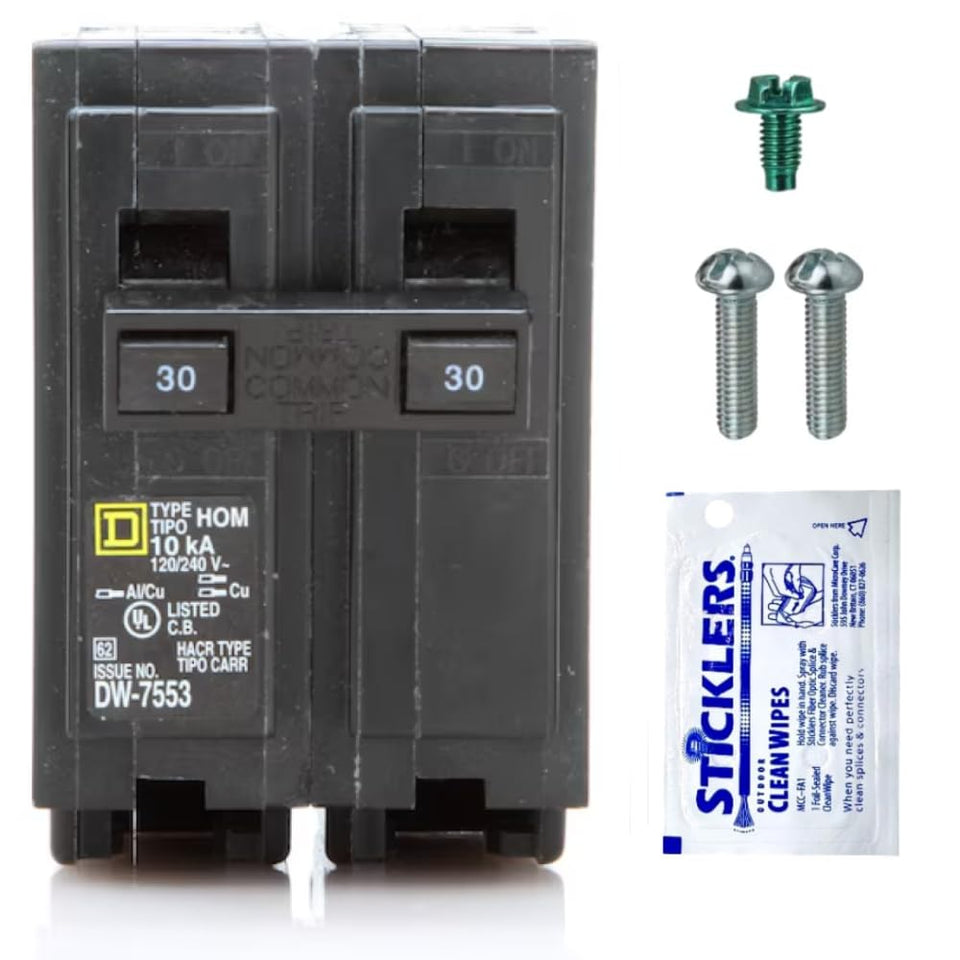 FalconSupply HOM230 front view showing genuine 30A double-pole breaker for 120/240V circuits.
