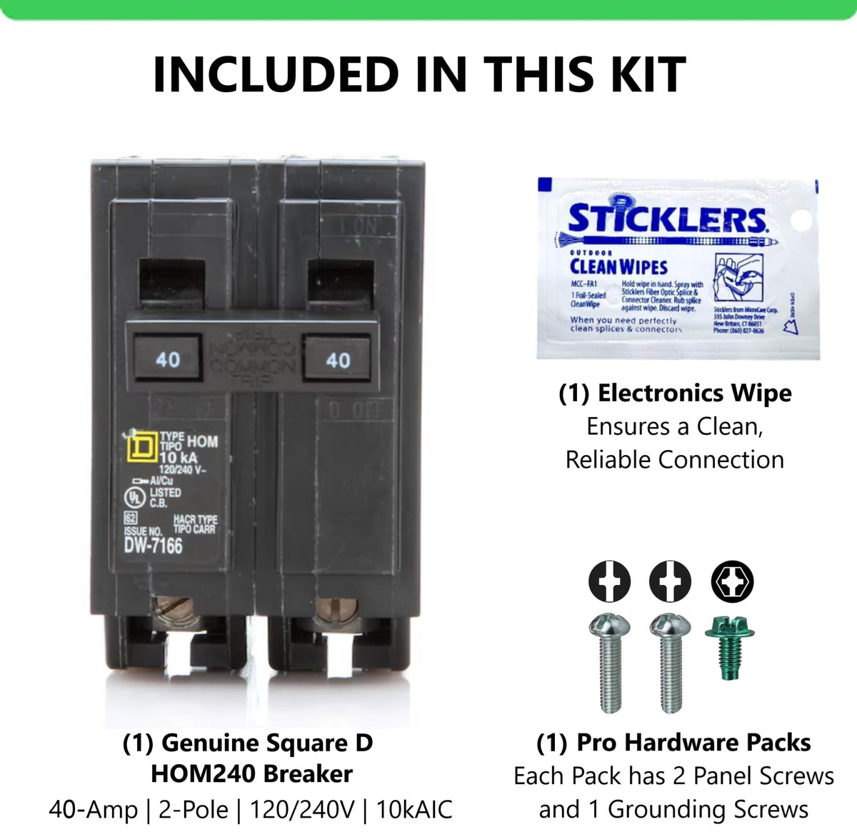 FalconSupply HOM240 installation screws and grounding screw included for quick setup.