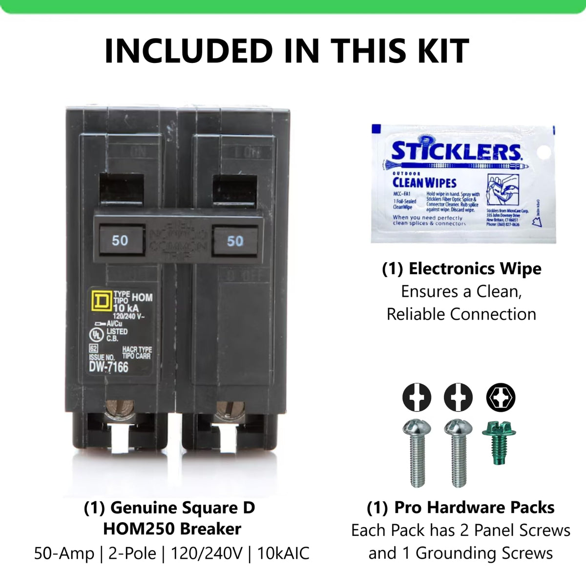 Bundle contents include breaker, cleaning wipe, screws, and grounding screw.