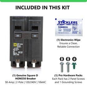 Bundle contents include breaker, cleaning wipe, screws, and grounding screw.
