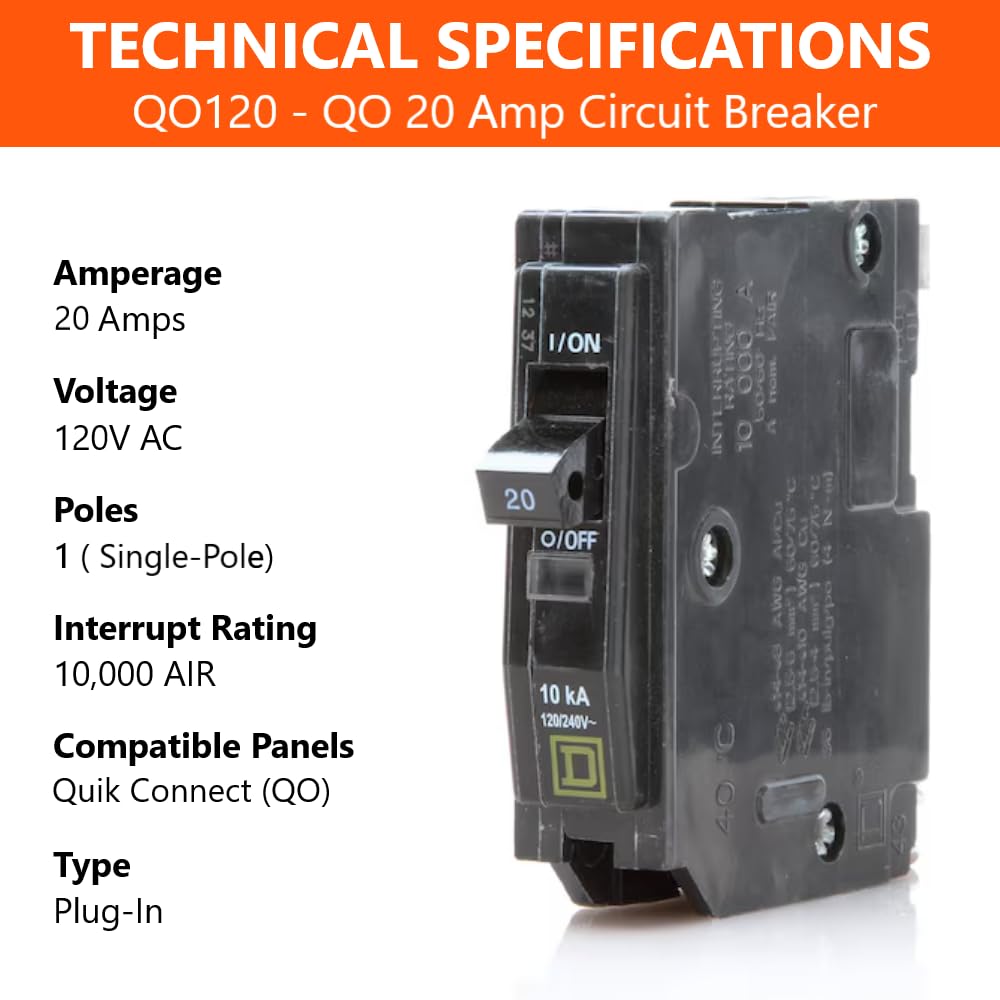 FalconSupply QO120 breaker close-up showing 20A unit.
