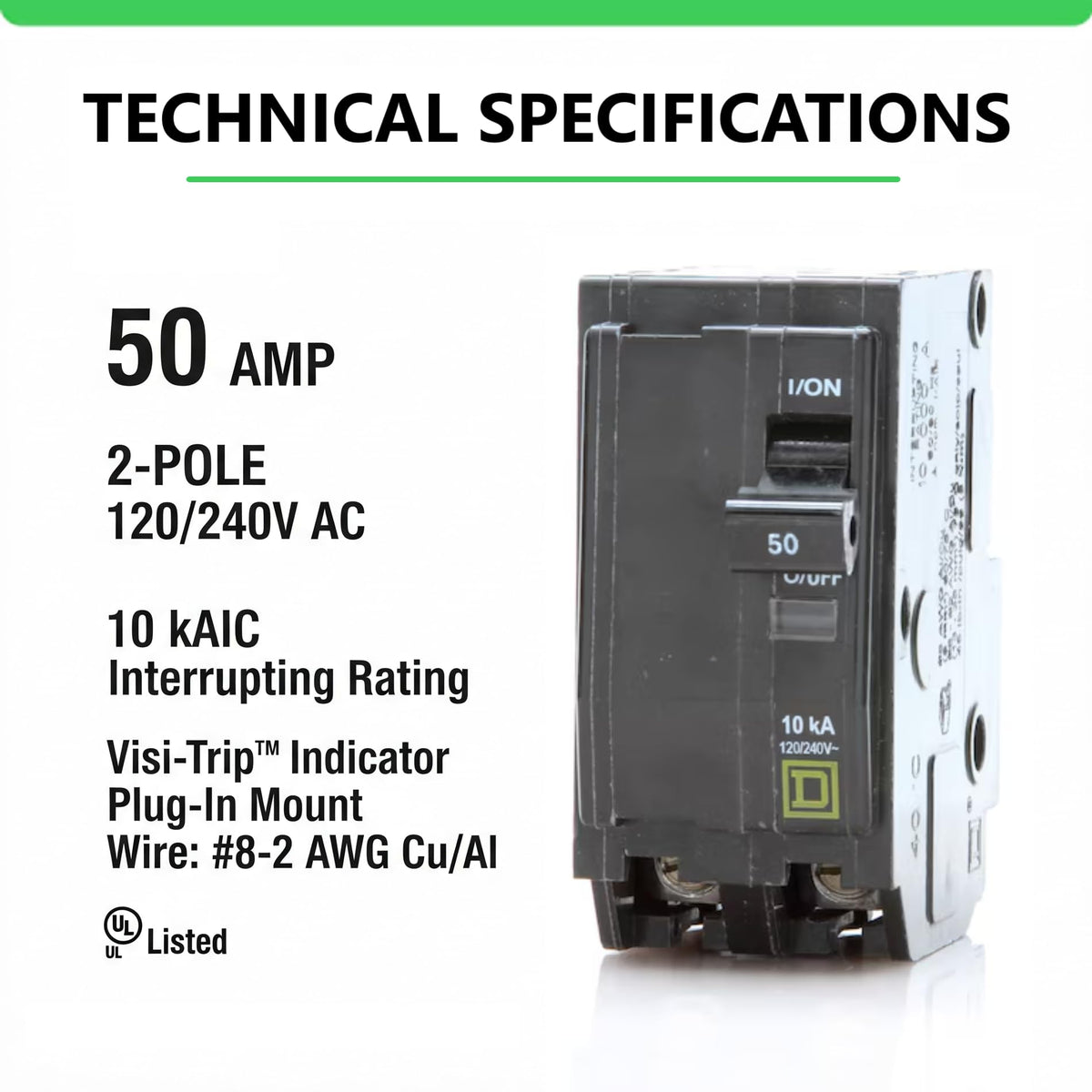 FalconSupply QO250 breaker side view highlights sturdy mounting and clear labeling.