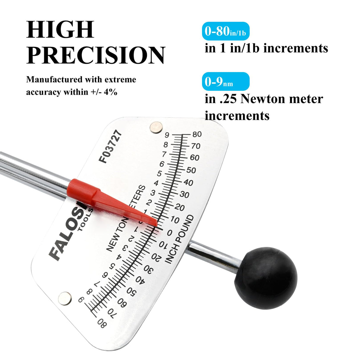 Falosi beam torque wrench dial reading closeup highlights clear measurement marks