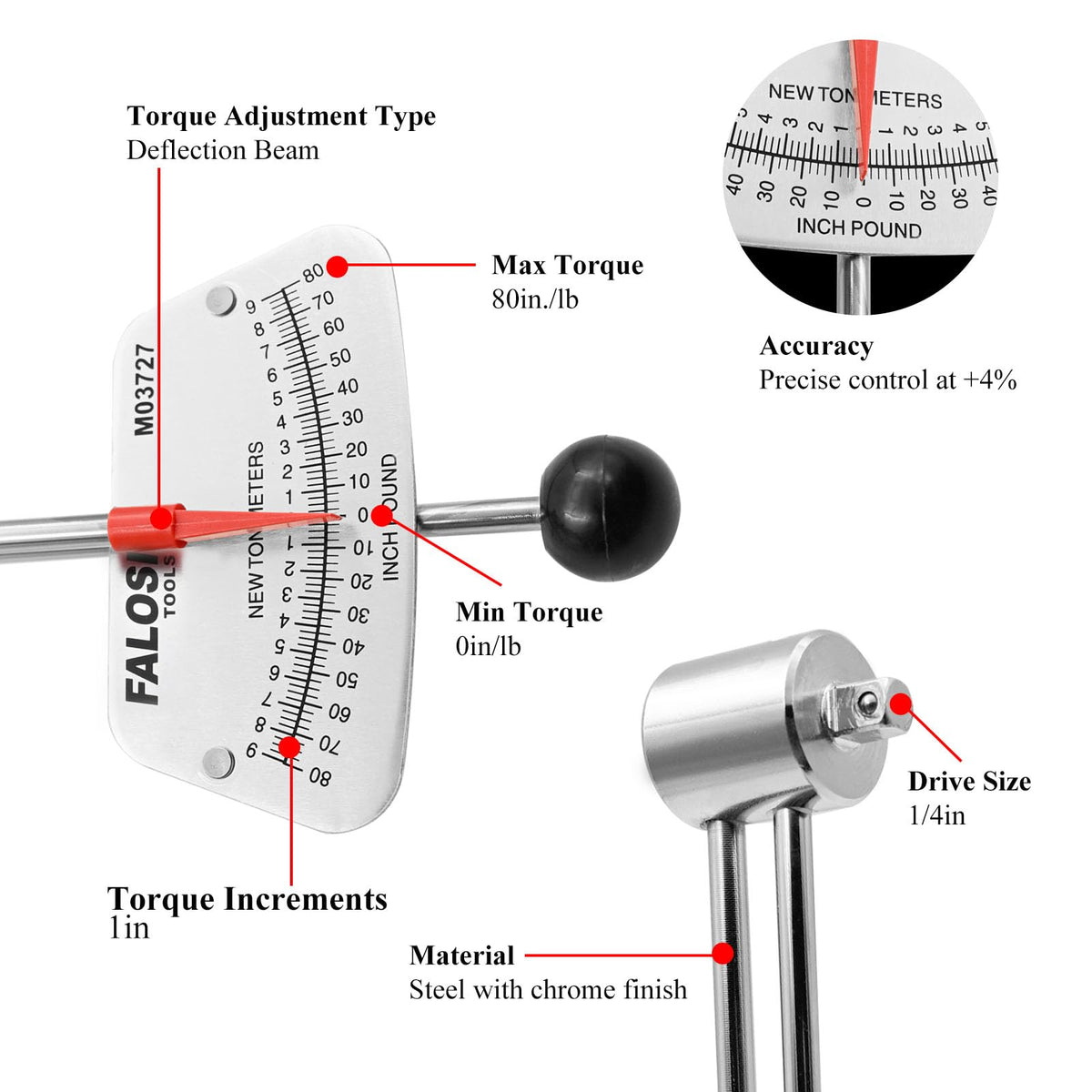 Falosi beam torque wrench mirror chrome finish resists corrosion and shines