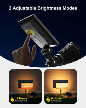 FALOVE 4-pack spotlight highlights the Christmas tree with golden glow.