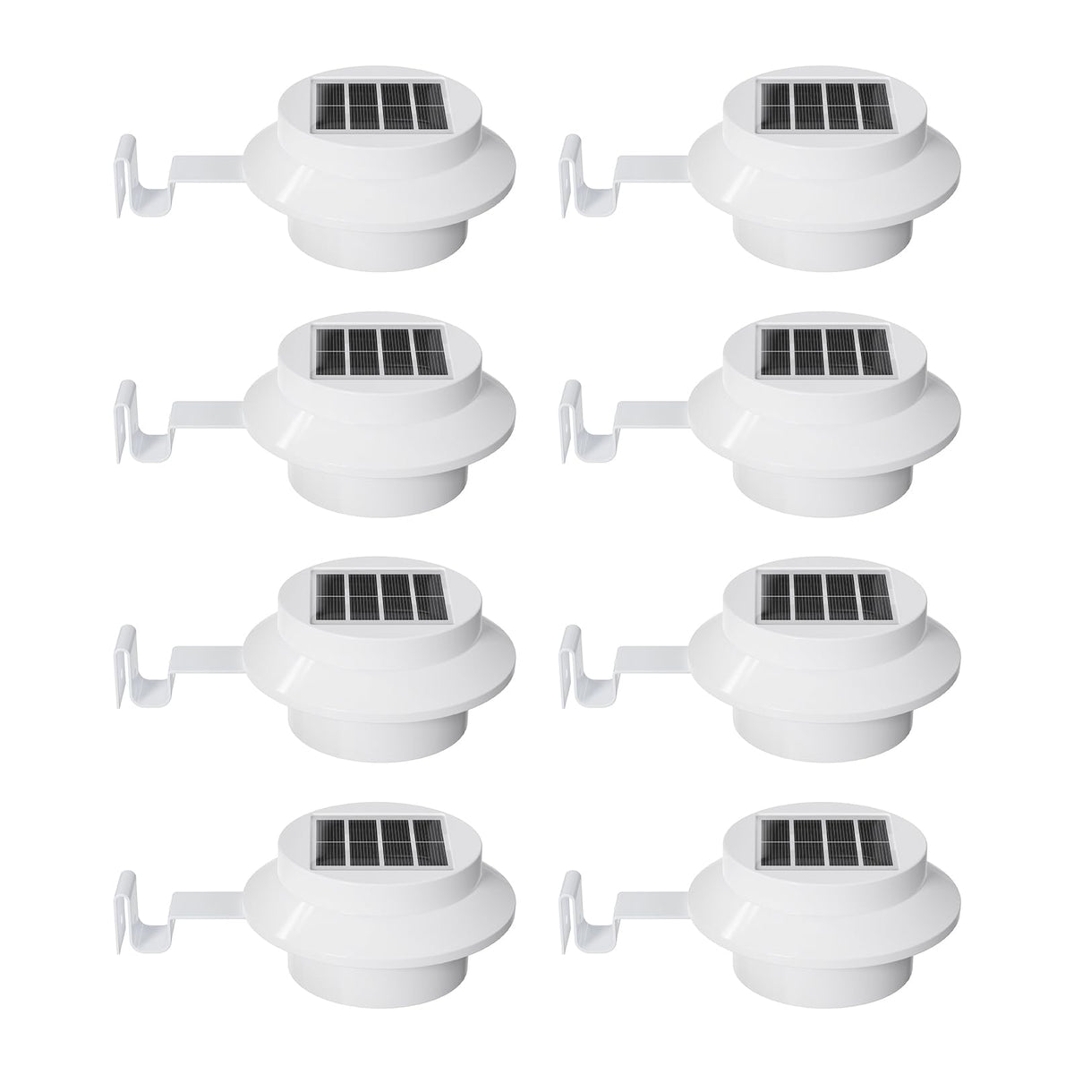 FALOVE 8-pack white solar gutter lights illuminate gutters for safe nighttime visibility.
