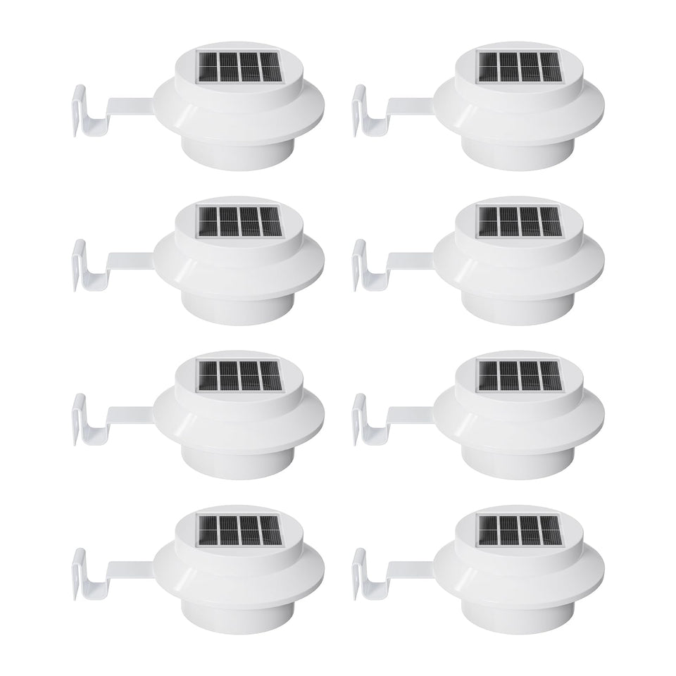 FALOVE 8-pack white solar gutter lights illuminate gutters for safe nighttime visibility.
