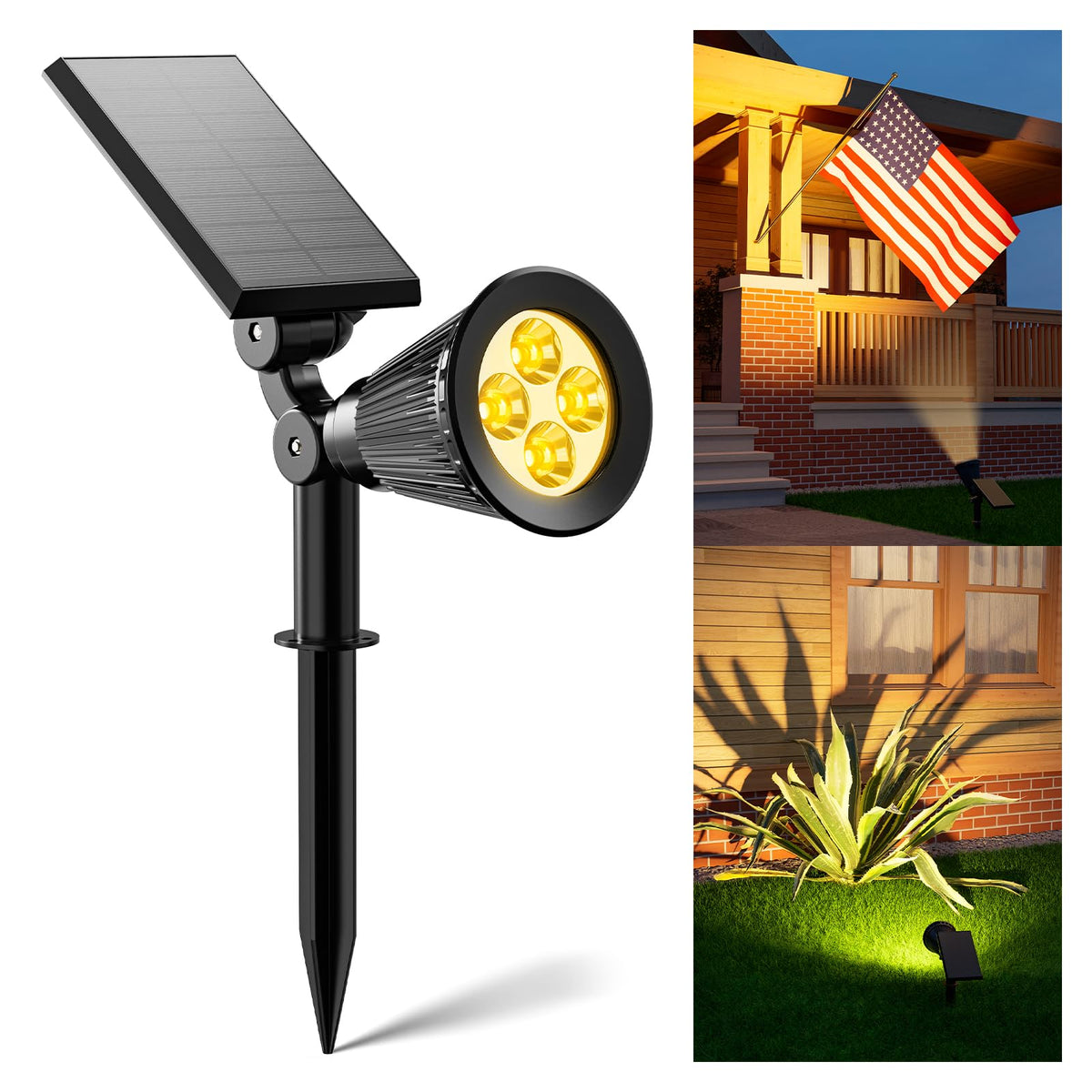 FALOVE solar spot light on flagpole provides warm, focused illumination.