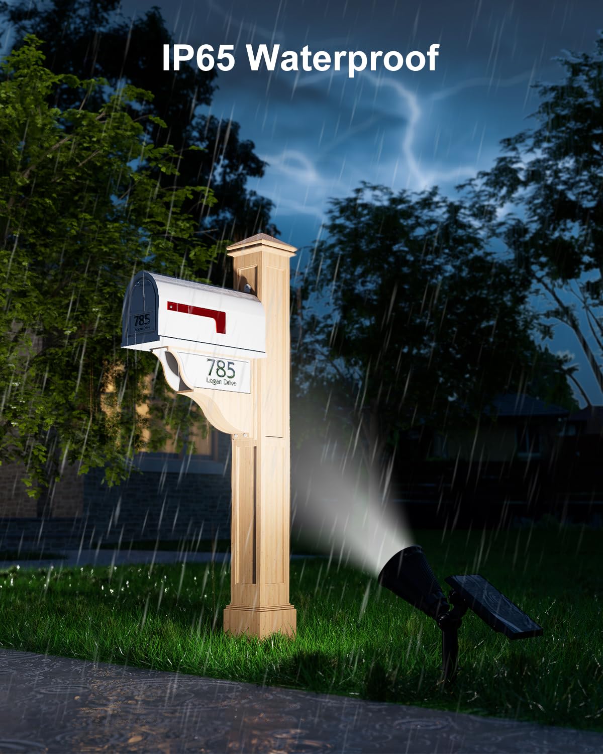 Falove solar spotlight accents a driveway with bright, solar-powered glow.