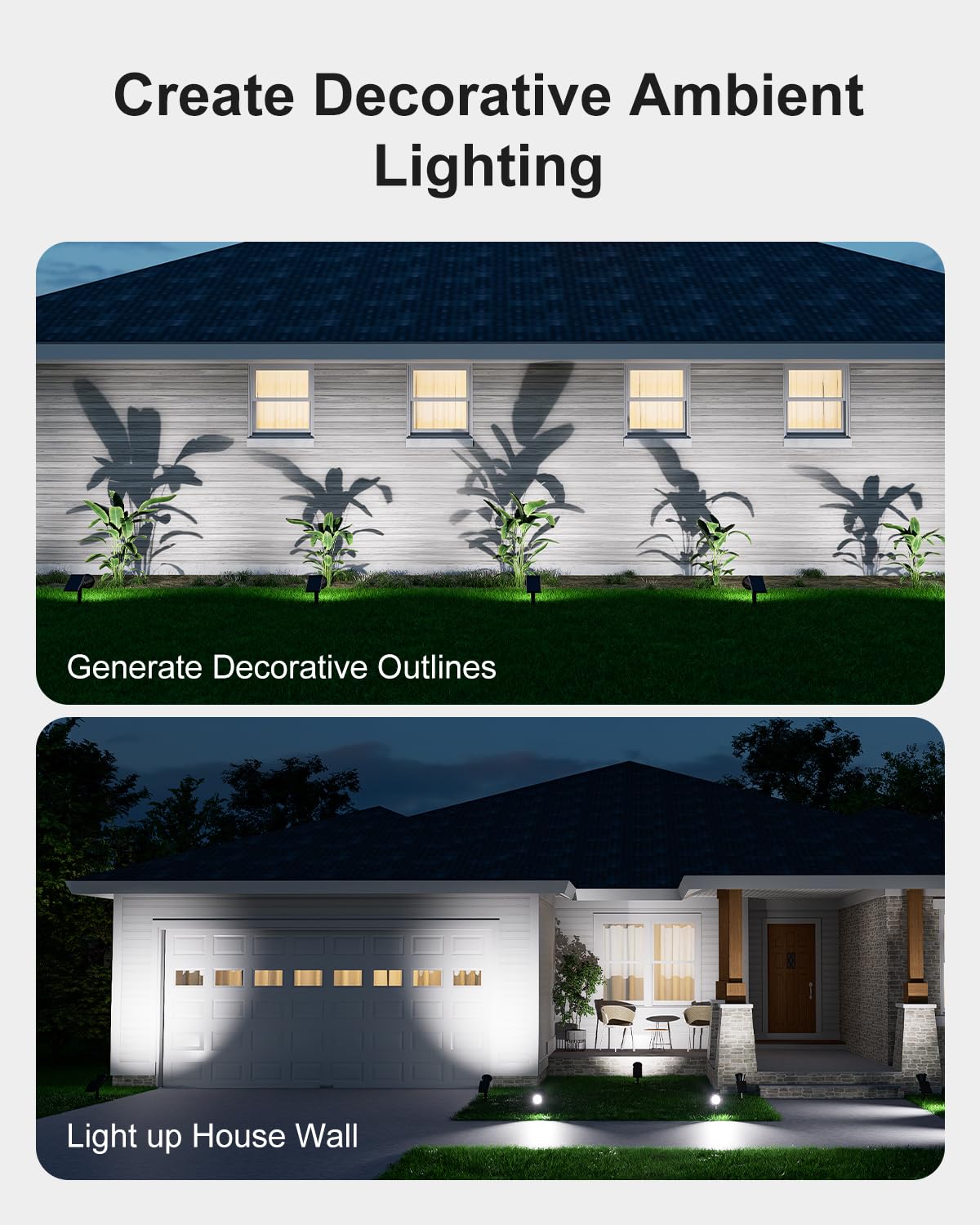 Falove solar spotlight shines on a potted plant for eye-catching curb appeal.