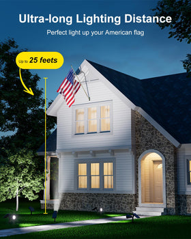 Falove solar spotlight uplights a statue for subtle outdoor drama.