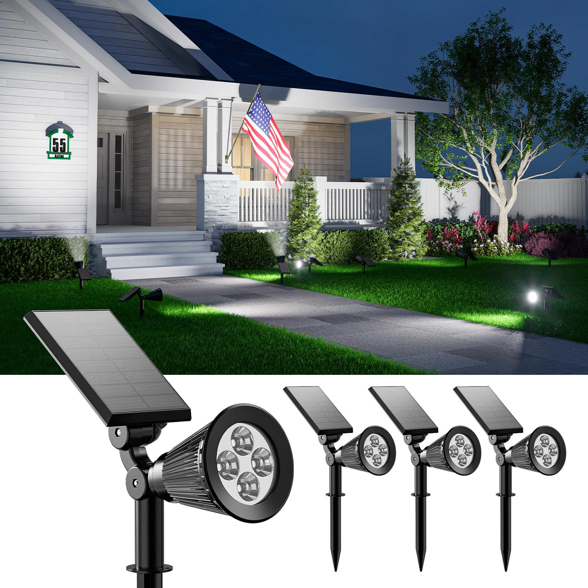 Falove solar spotlight focused on a tree to create dramatic garden accents.