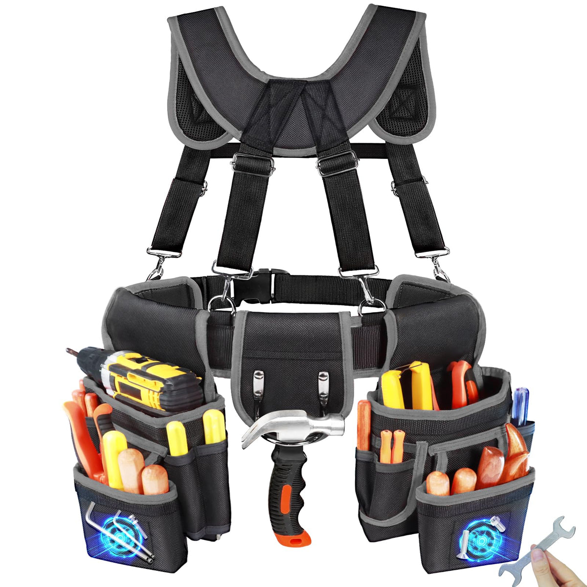 FamilyKit tool belt with suspenders front view showing 18 pockets for organized tools