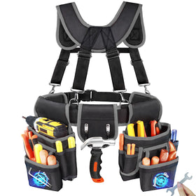 FamilyKit tool belt with suspenders front view showing 18 pockets for organized tools