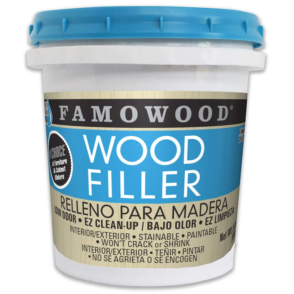 FamoWood latex wood filler pint bottle ready for quick repairs