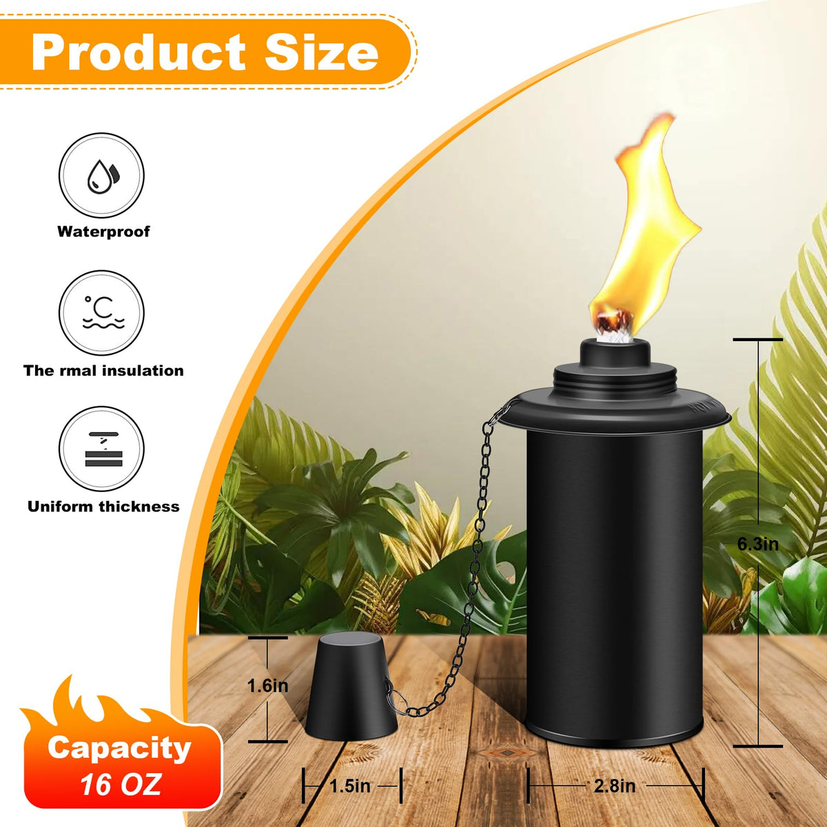 FAN-Torches 16oz refillable canisters with wicks and caps for simple maintenance.