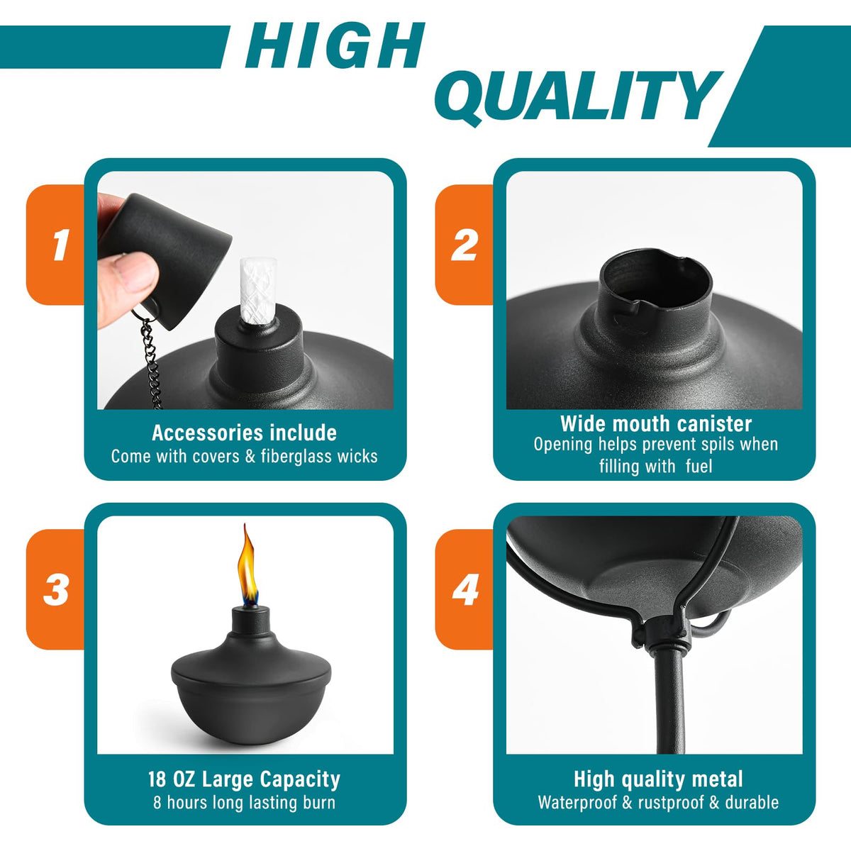 Fan-Torches 24oz refillable torch with wide opening supports easy wall or table refills.