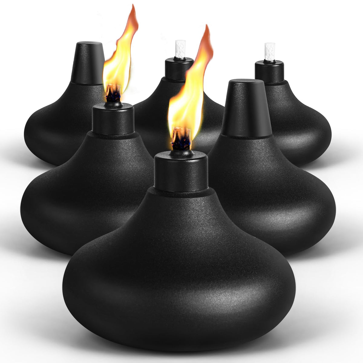 FAN-Torches table-top torches arranged for outdoor dining with warm ambiance