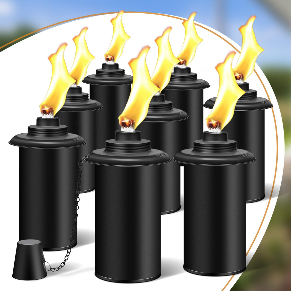 FAN-Torches 8-pack torch canisters for durable backyard lighting and easy refilling.
