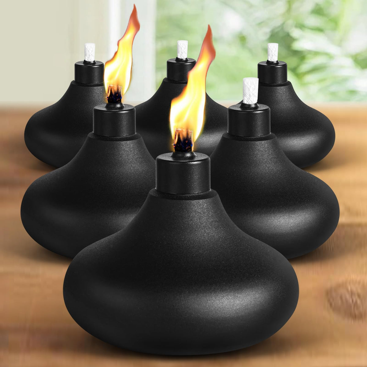 Fan-Torches backyard lighting set for porch, deck, or garden.