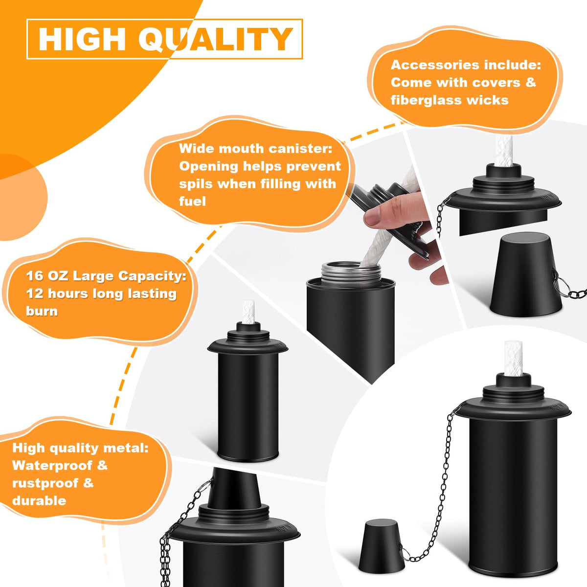 Close-up of Fan-Torches cap-and-canister set for easy maintenance.
