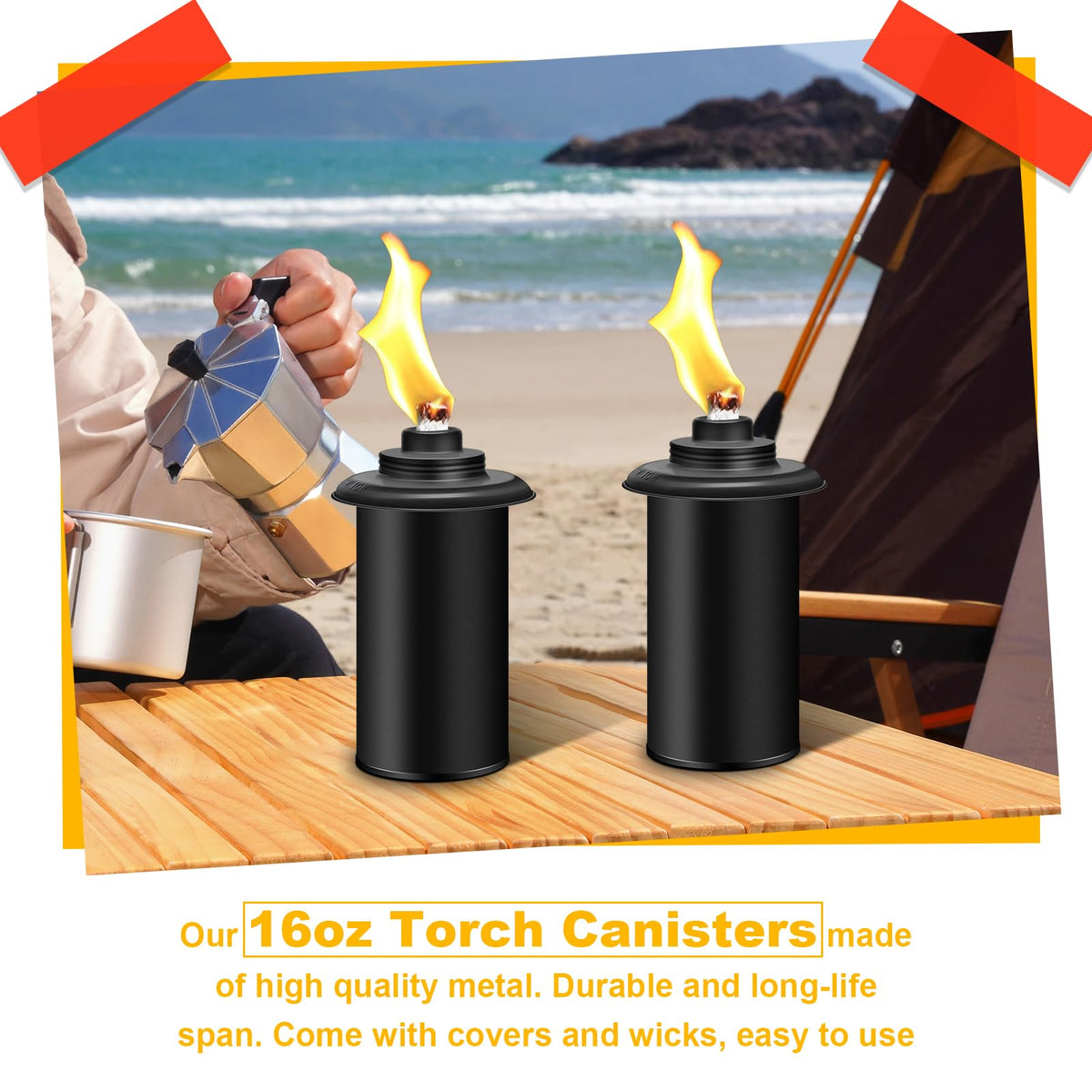 Fan-Torches on a patio table for a luau ambiance.