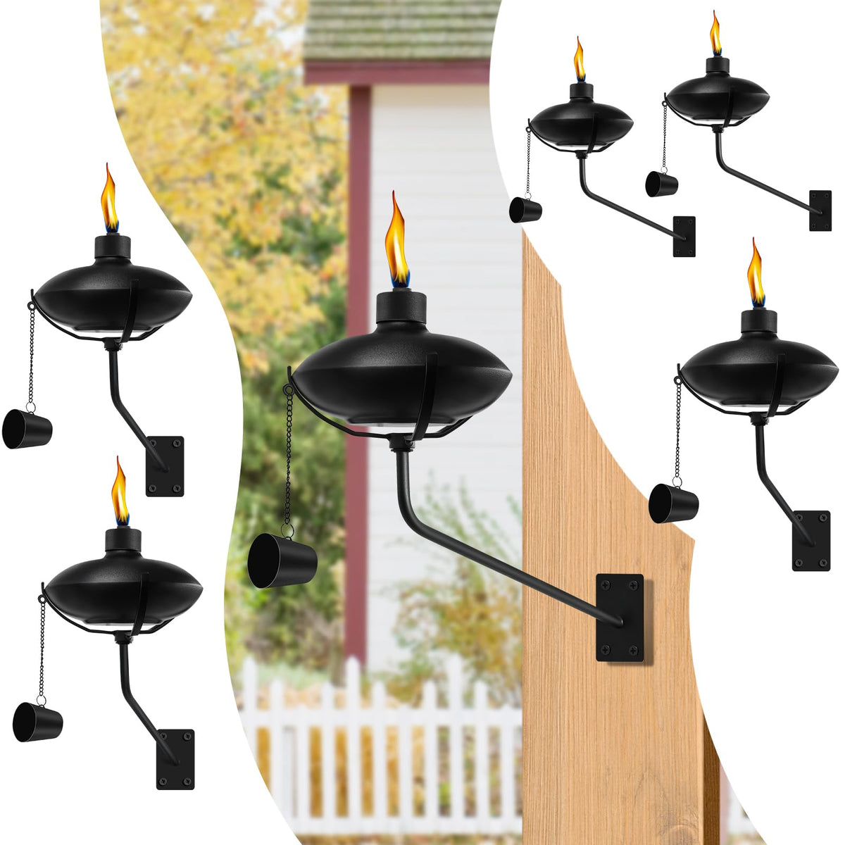 FAN-Torches wall-mounted citronella torch with 18-oz capacity for extended outdoor evenings.