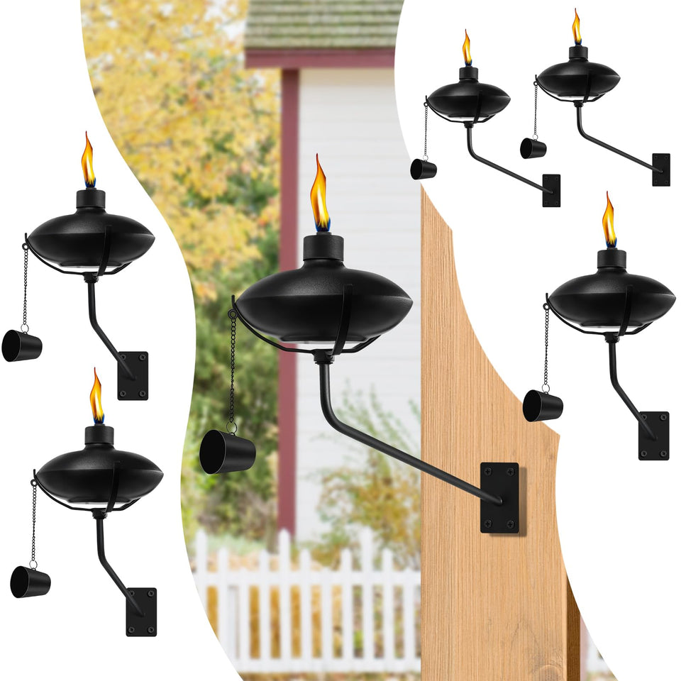 FAN-Torches wall-mounted citronella torch with 18-oz capacity for extended outdoor evenings.