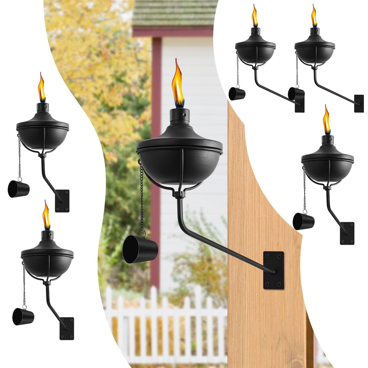 Fan-Torches wall mounted citronella torches create welcoming patio ambiance.